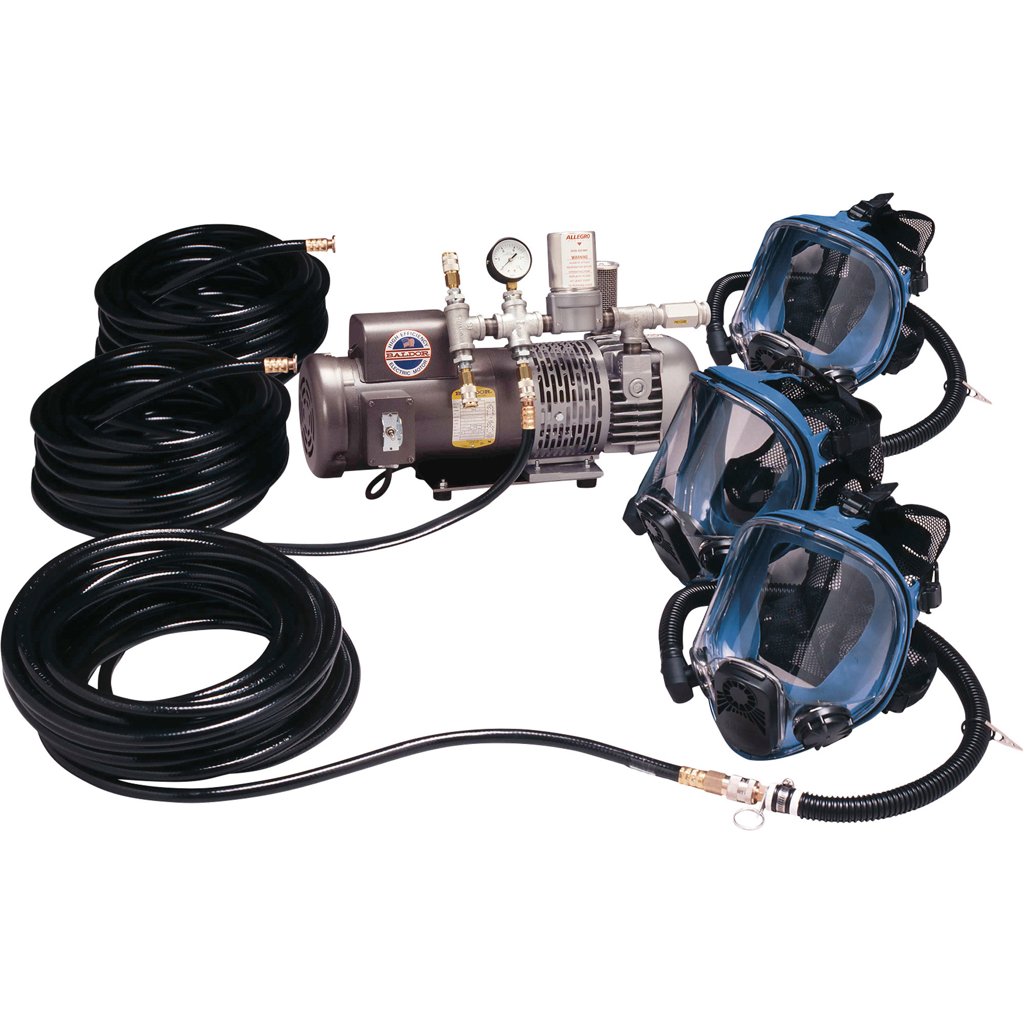Allegro Three Worker Full Mask Respiration System , Three Masks, One 1 1/2 HP Pump, Three 50in. Breathing Air Hoses, Model# 9200-03